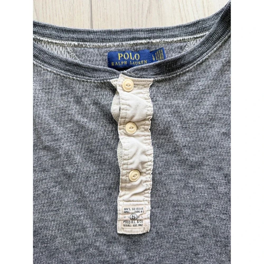 Polo Ralph Lauren Henley Shirt Mens L Grey Long Sleeve Waffle Knit Military Tag